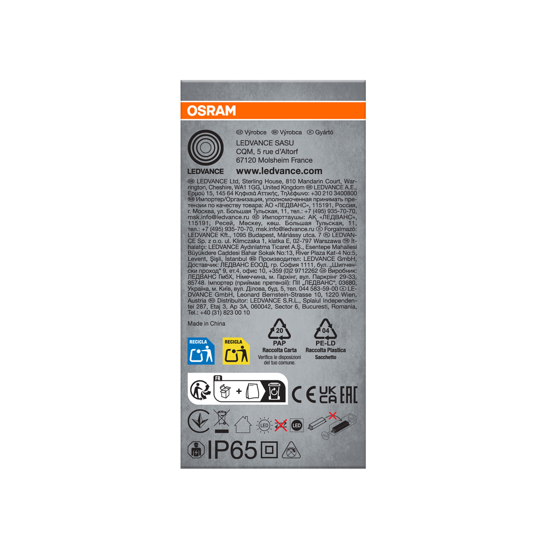 Das Bild zeigt ein Produktetikett mit dem OSRAM- und LEDVANCE-Logo sowie Recycling-Symbolen.
