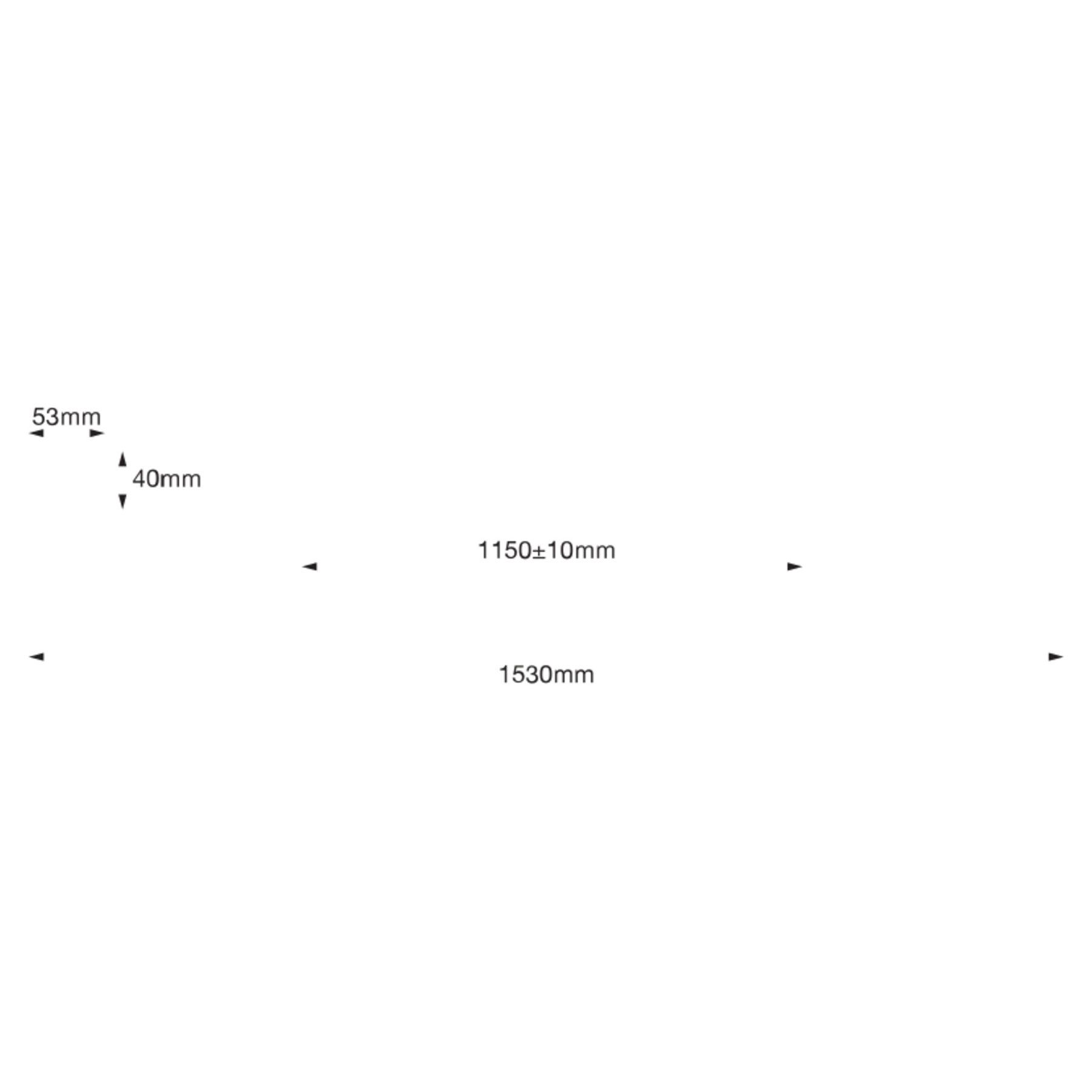 Diagramm mit Maßen in mm: 53, 40, 1150±10 und 1530. Pfeile zeigen Messungen auf weißem Hintergrund.