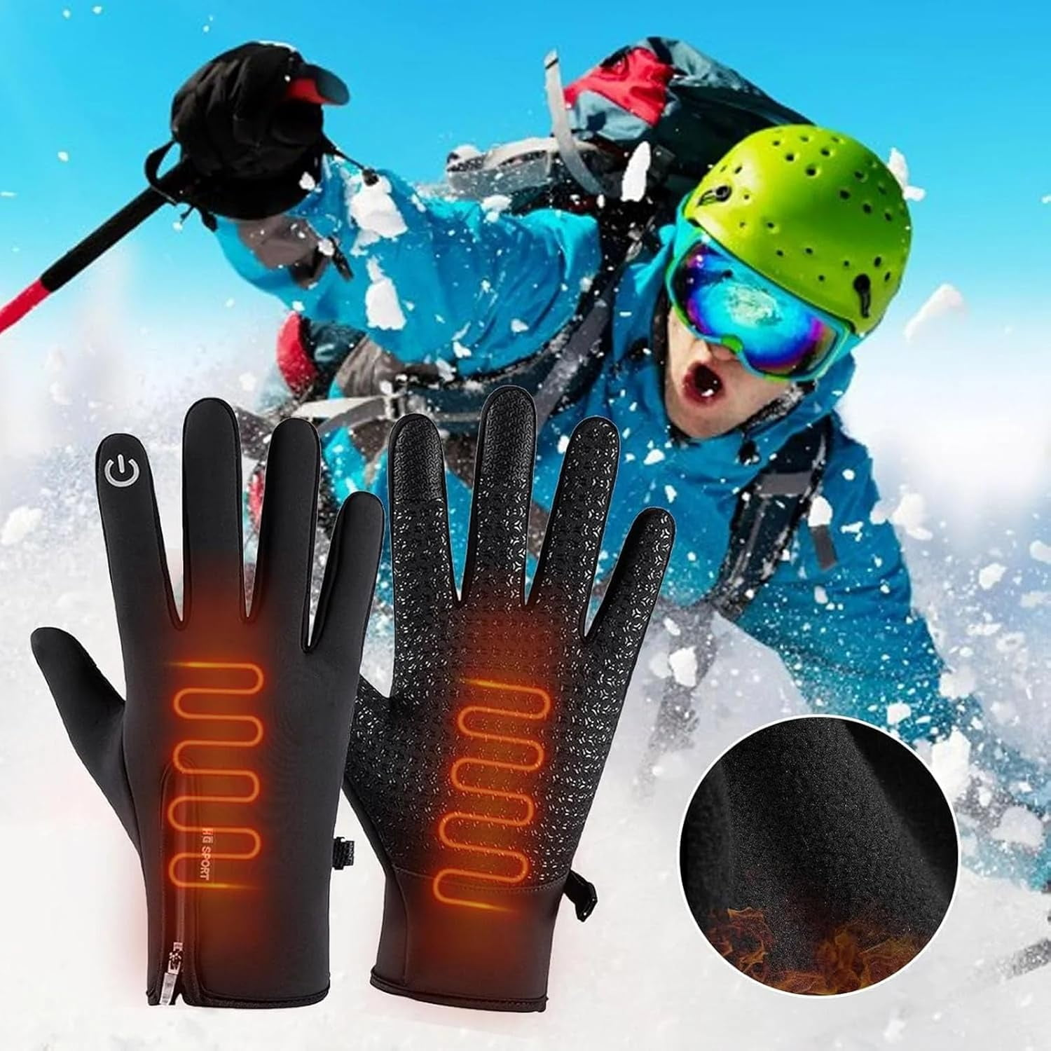 Das Bild zeigt beheizte Handschuhe mit einem Skifahrer im Hintergrund. Die Handschuhe sind schwarz mit orangefarbenen Heizelementen und einem Ein- / Aus-Knopf.