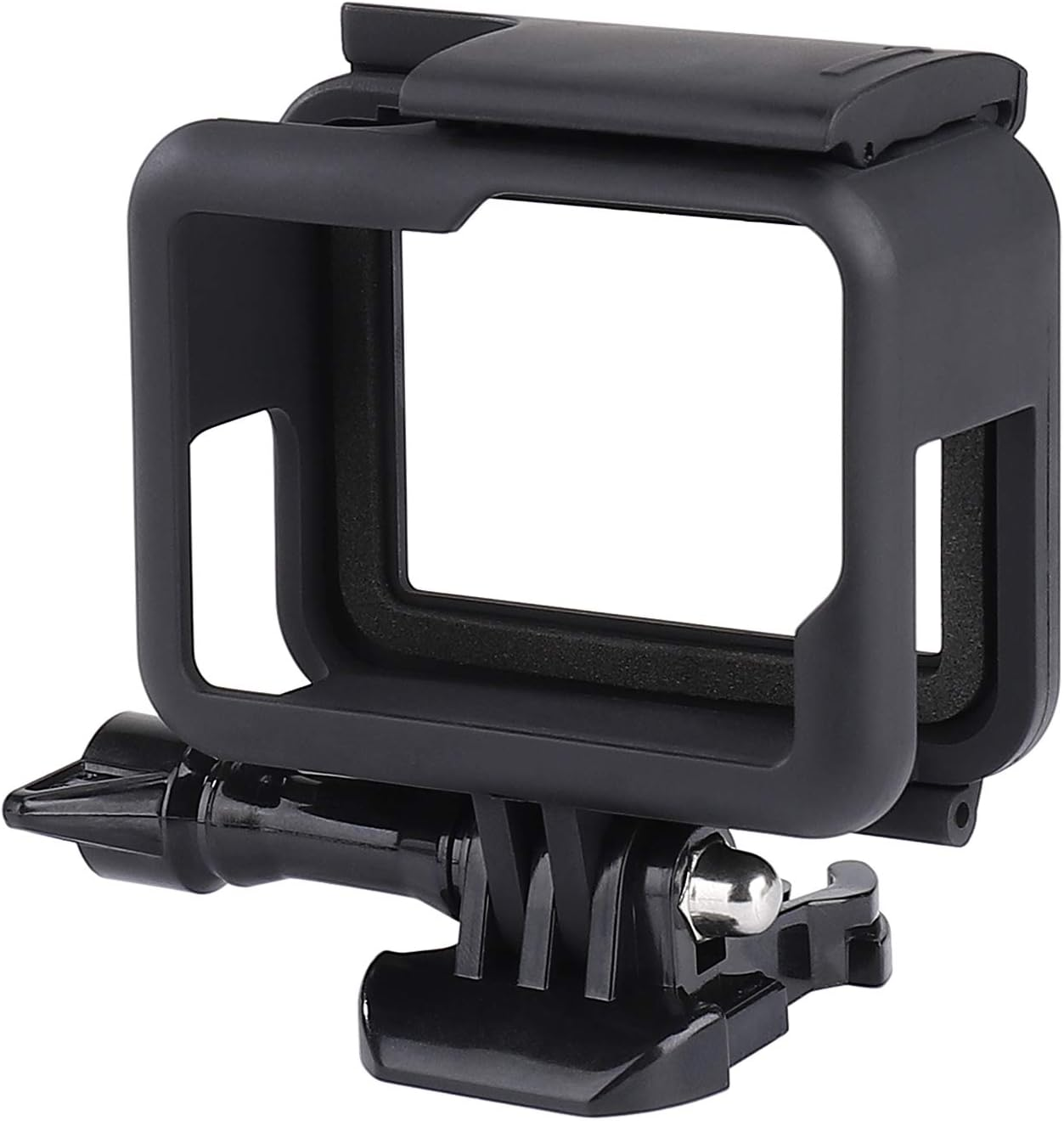 Schwarzer GoPro-Rahmen mit einer weißen rechteckigen Öffnung. Er hat einen Befestigungsclip und eine Verriegelung oben.