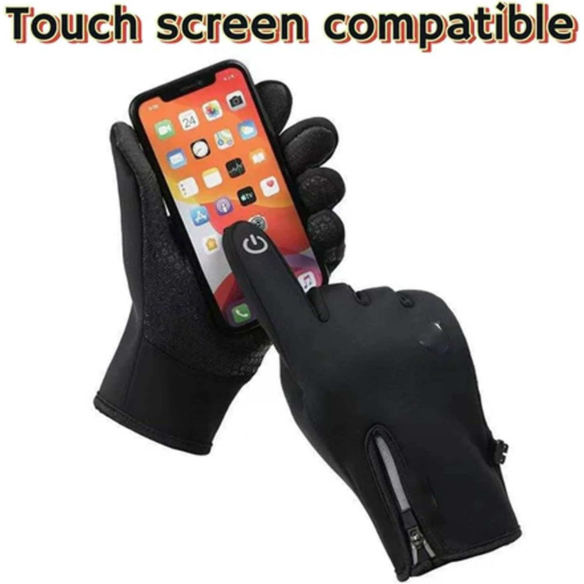 Schwarze Handschuhe halten ein Telefon. Handschuhe sind mit Touchscreen kompatibel.
