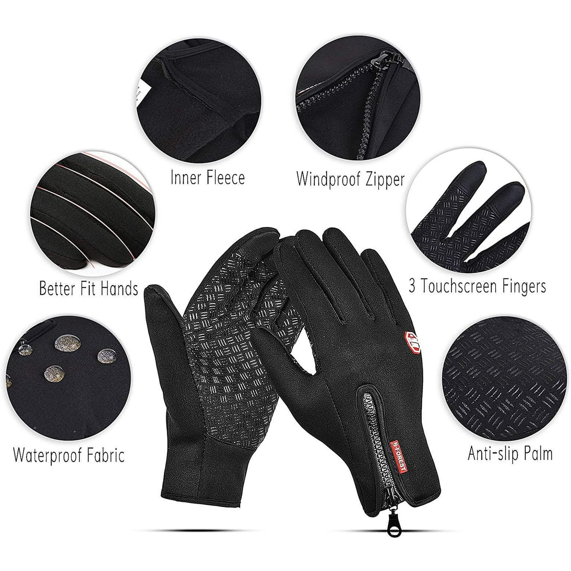 Schwarze Handschuhe mit Merkmalen wie winddichtem Reißverschluss, Touchscreen-Fingern und rutschfester Handfläche. Auch Innenfleece und wasserdichtes Gewebe.
