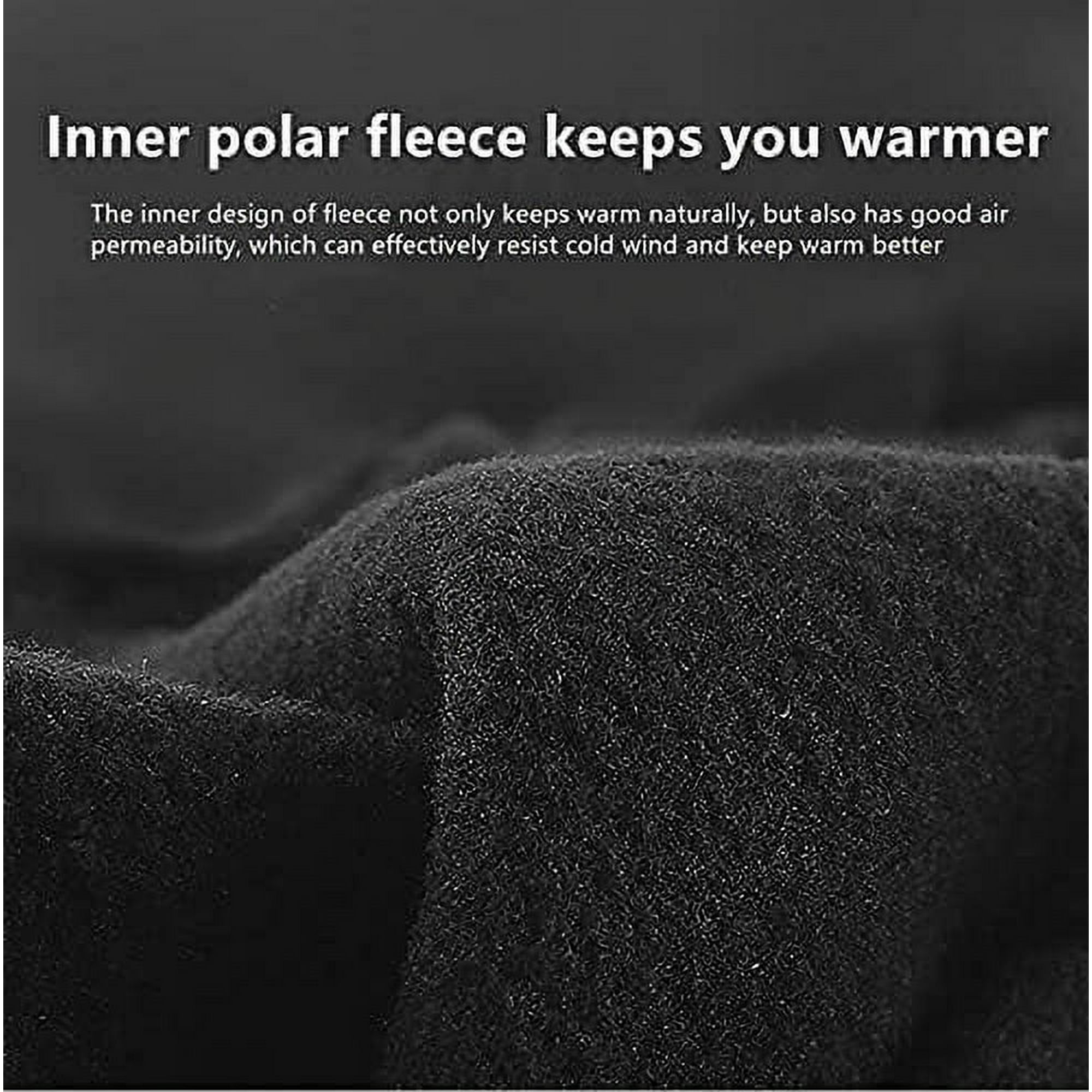 Nahaufnahme von schwarzem Fleece-Stoff. Oben steht: Inneres Polar-Fleece hält Sie wärmer.