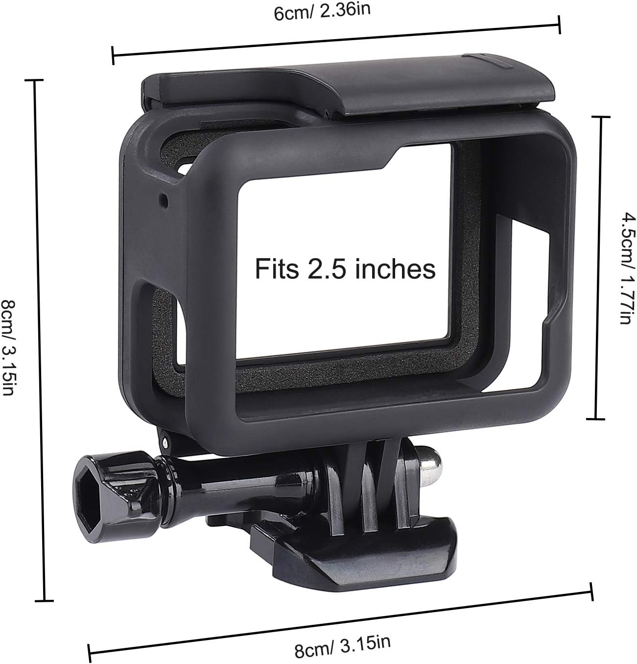 Schwarzes Kameragehäuse mit Halterung, Maße in cm/Zoll, passend für 2,5 Zoll. Maße sind 8cm/3,15in, 6cm/2,36in und 4,5cm/1,77in.