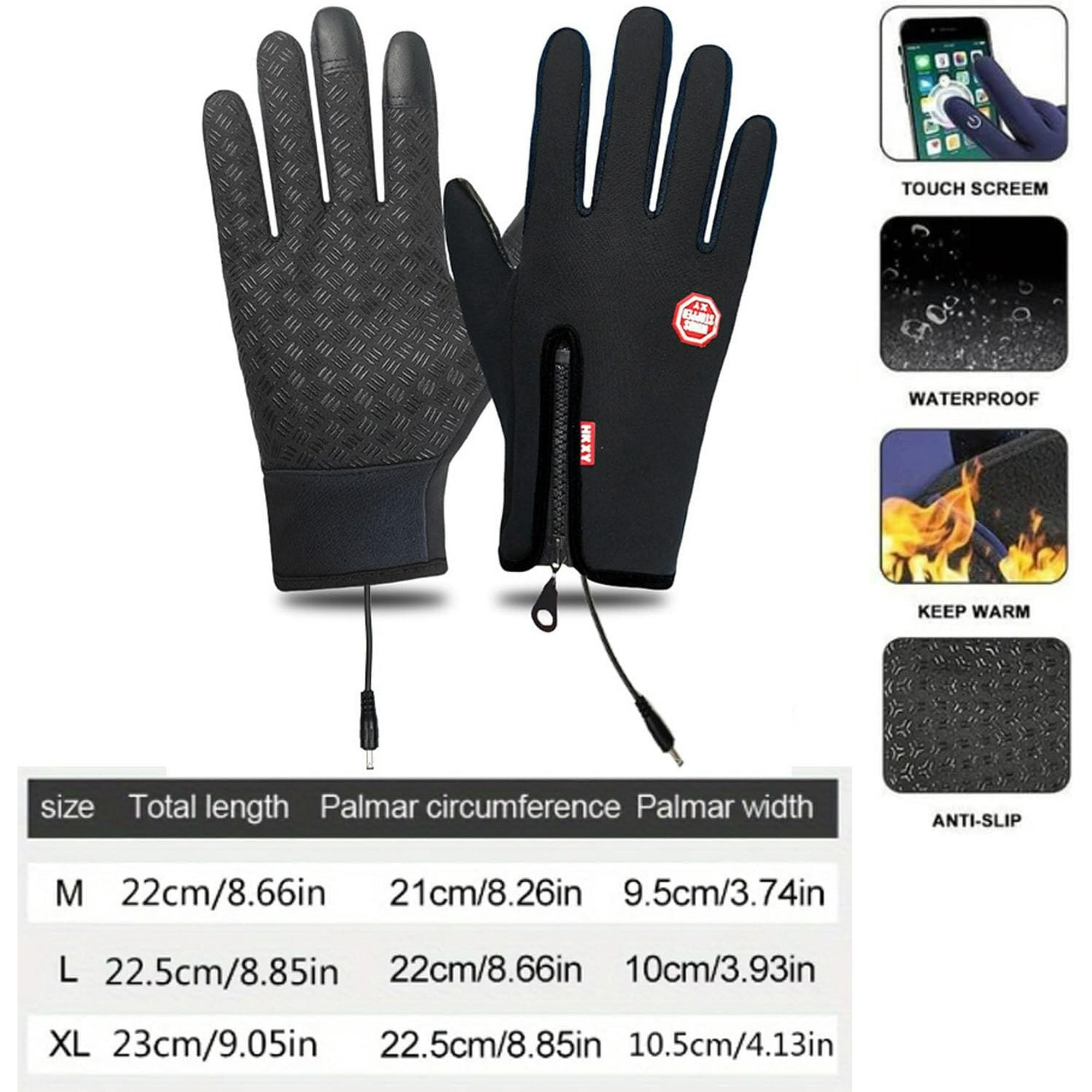 Schwarze Handschuhe mit strukturierter Handfläche. Merkmale sind Touchscreen, wasserdicht und rutschfest. Größentabelle enthalten.