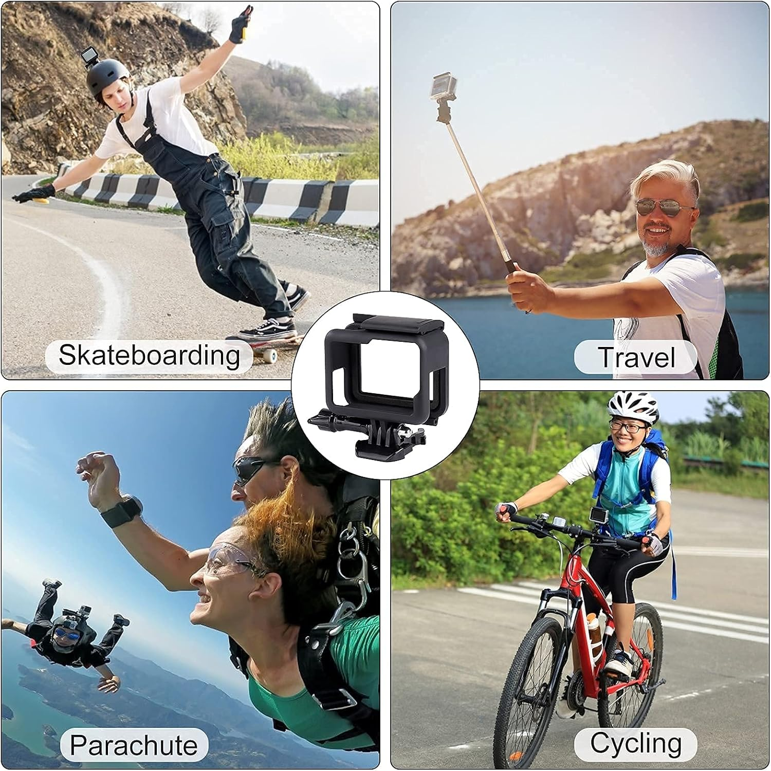 Das Bild zeigt Skateboarden, Reisen mit Selfie-Stick, Fallschirmspringen und Radfahren. In der Mitte befindet sich ein schwarzes Kameragehäuse.