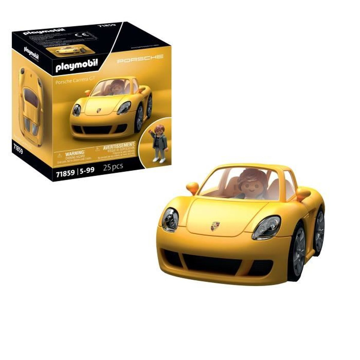 Un coche de juguete Playmobil Porsche Carrera GT amarillo con una figura dentro, junto a su caja, ambos sobre fondo blanco.