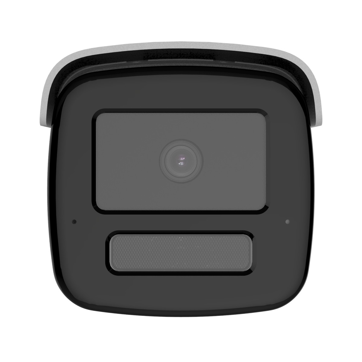 Primo piano di una telecamera di sicurezza nera con parte superiore grigia. Ha una lente e un'area altoparlante. Lo sfondo è bianco.