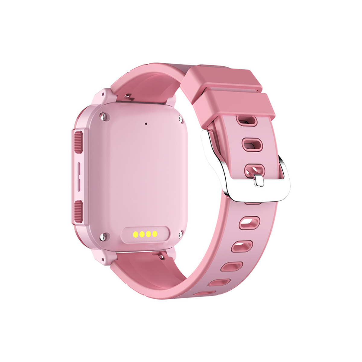 Eine rosa Smartwatch mit rosa Armband und silberner Schnalle auf weißem Hintergrund. Das Zifferblatt ist sichtbar.