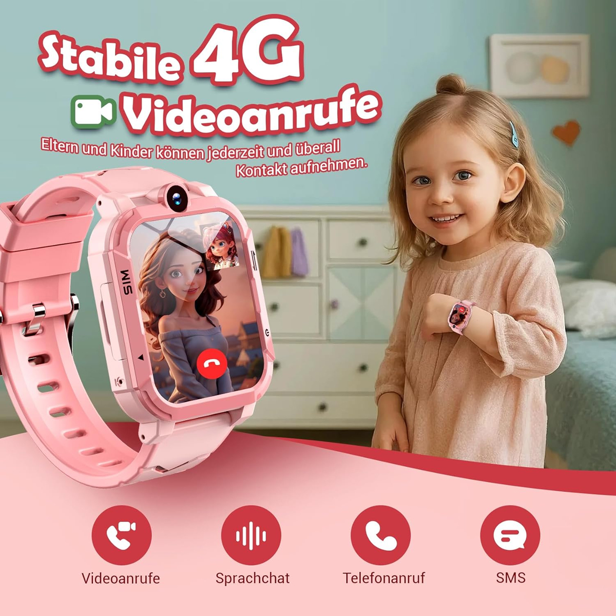 Ein lächelndes Mädchen mit rosa Smartwatch. Die Uhr zeigt einen Videoanruf. Text: 4G-Videoanrufe. Symbole für Video, Chat, Telefon und SMS.