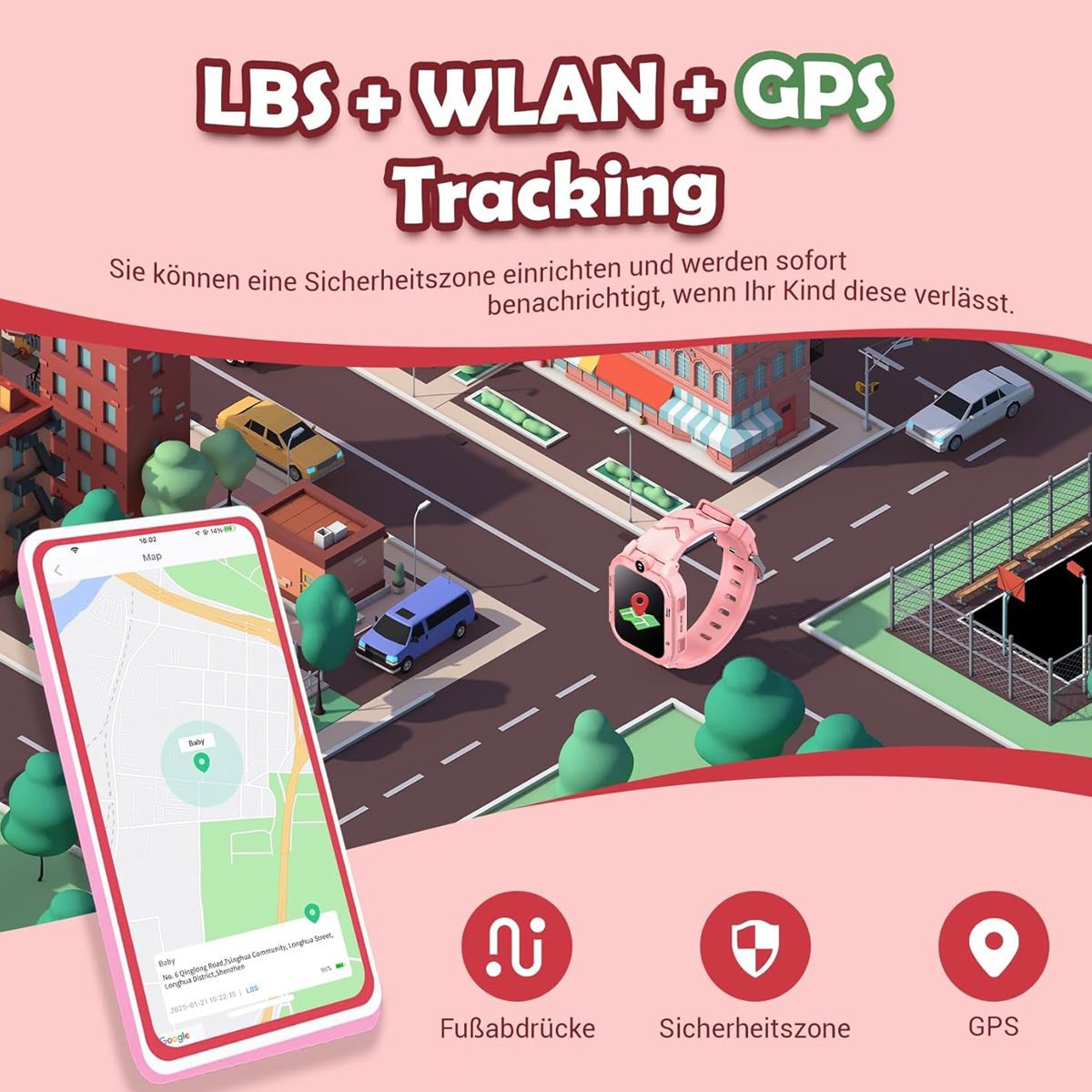 Das Bild zeigt ein Tracking-Konzept mit Telefon und Uhr. Stadt Hintergrund mit Autos und Gebäuden. Texte: LBS, WLAN, GPS, Tracking.