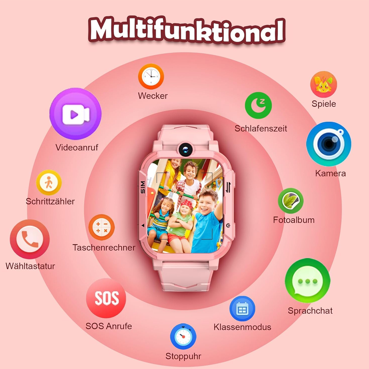 Rosa Smartwatch mit Kindergesichtern auf dem Bildschirm, umgeben von Symbolen wie Videoanruf, Kamera und SOS, auf rosa Hintergrund.