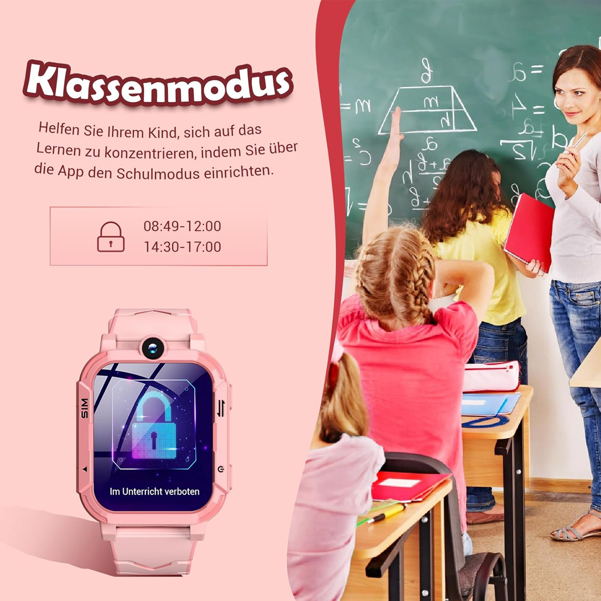 Eine rosa Smartwatch mit Sperrbildschirm wird angezeigt. Im Hintergrund eine Klassenszene mit Schülern und einer Lehrerin.