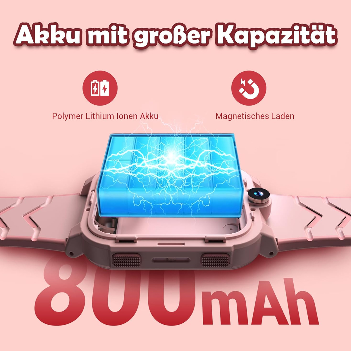 Eine Smartwatch mit blauem Bildschirm, der Elektrizität zeigt. Text: 'Akku mit großer Kapazität' und '800mAh'. Rosa Hintergrund.