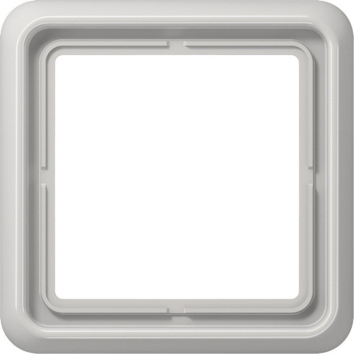 Una cornice quadrata di plastica bianca con angoli arrotondati e apertura quadrata centrale. Design minimalista.