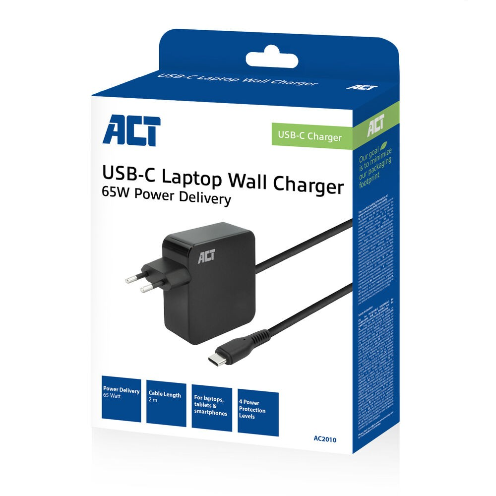 Eine Box mit einem schwarzen USB-C-Laptop-Wandladegerät wird angezeigt, mit Details zu Leistung und Funktionen.