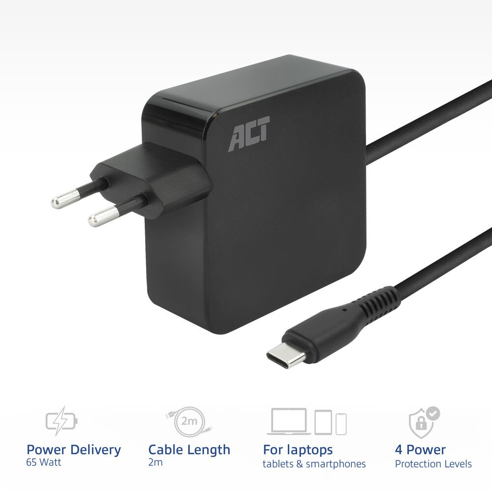 Ein schwarzes ACT-Laptop-Ladegerät mit USB-C-Kabel. Es hat einen Netzstecker und ist mit Funktionen wie Stromversorgung und Kabellänge versehen.