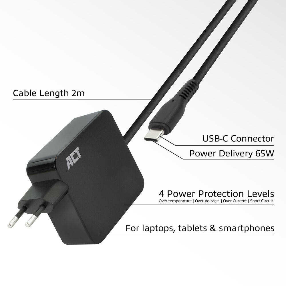 Schwarzes ACT-Ladegerät mit USB-C-Anschluss, 65W Stromversorgung, 2m Kabel und vier Schutzstufen. Für Laptops, Tablets und Smartphones.