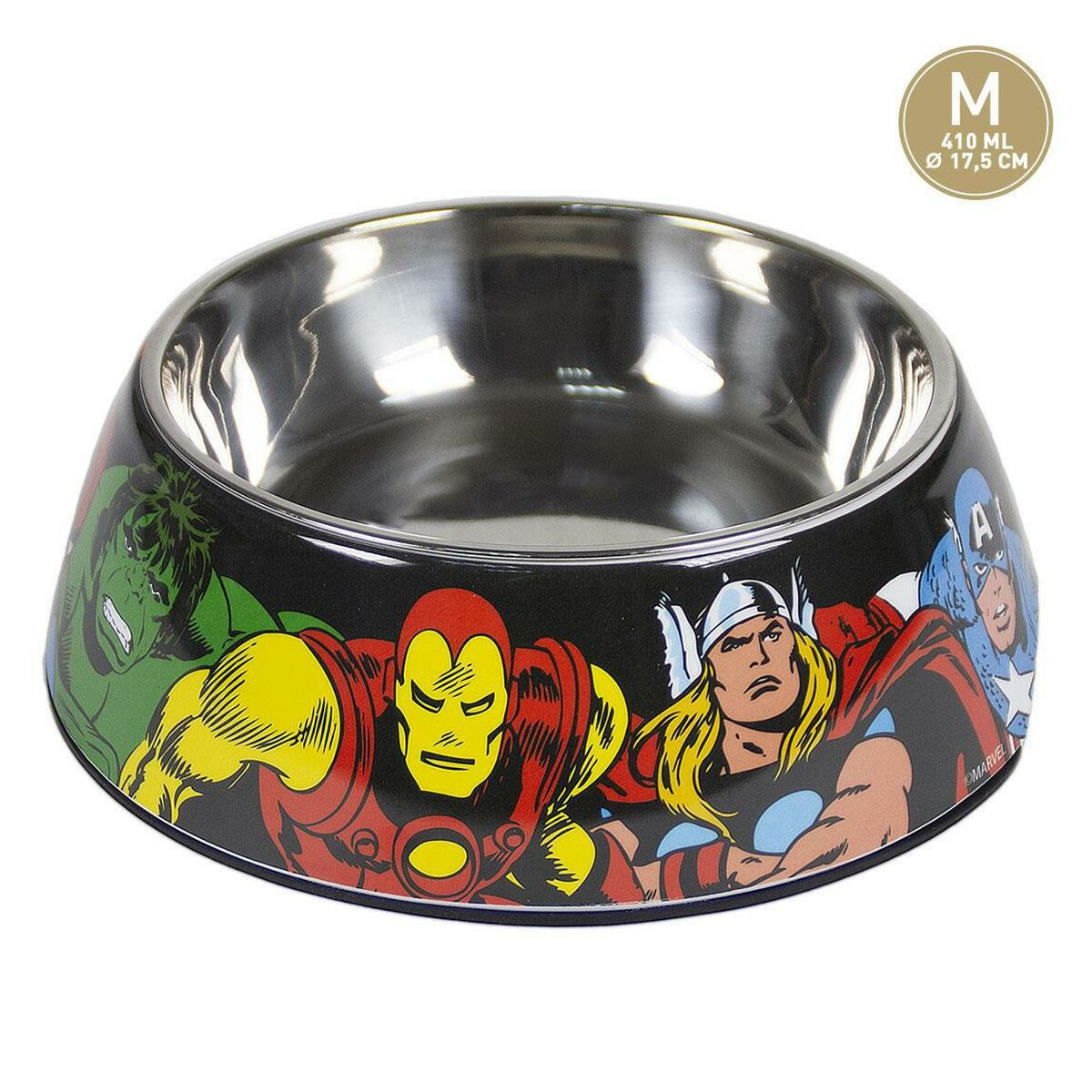 Una ciotola per cani con personaggi Marvel: Hulk, Iron Man, Thor e Capitan America. La ciotola è nera con interno in acciaio inossidabile.
