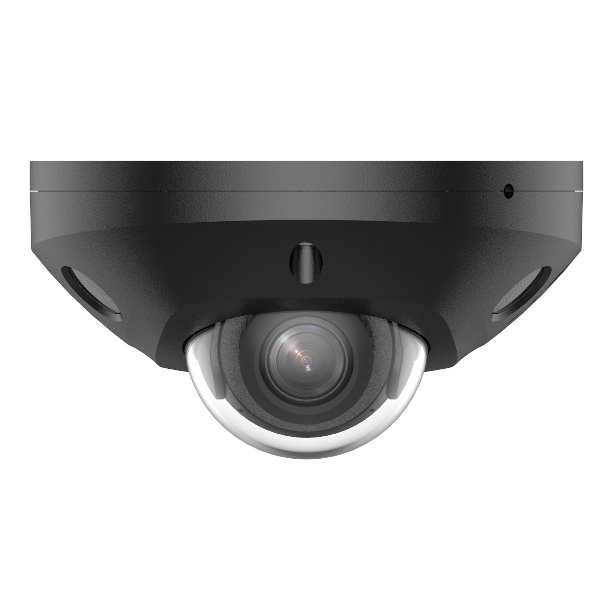 Schwarze Dome-Überwachungskamera mit klarer, gewölbter Linse. Die Kamera ist auf einer schwarzen Basis mit kleinen Löchern montiert.