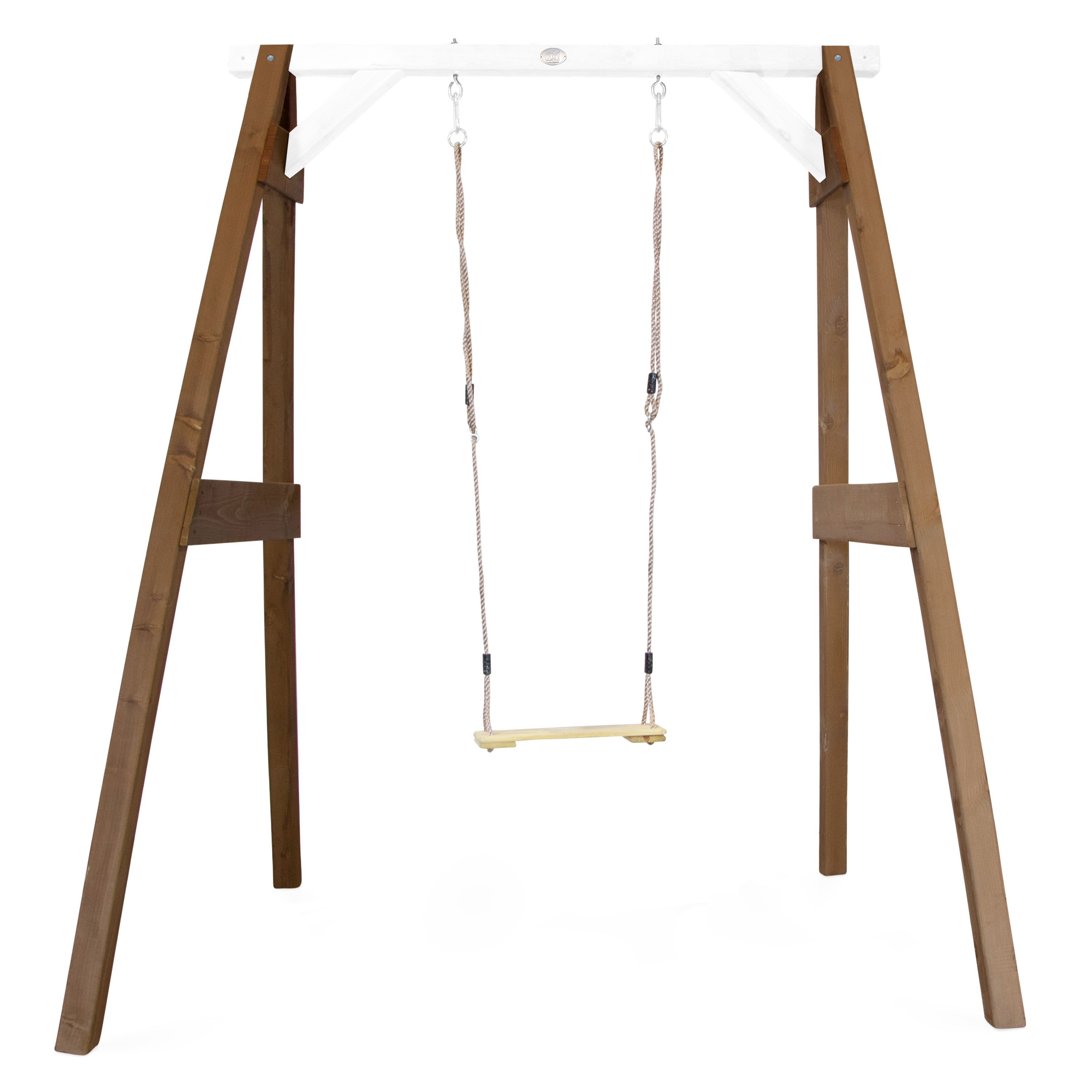 A-förmige Holzschaukel. Braune Beine, weißes Oberteil, zwei Seile mit einem Holzsitz.