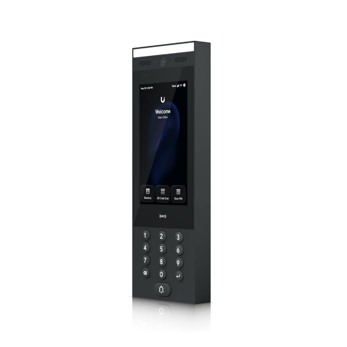 Eine dunkelgraue Gegensprechanlage. Sie hat einen Bildschirm mit der Aufschrift 'Willkommen'. Unten befinden sich Tasten und eine Tastatur. Oben befindet sich ein Lichtbalken.
