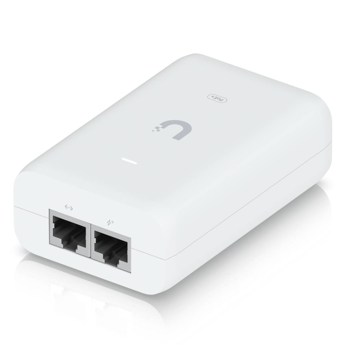 Ein weißer PoE+-Adapter mit zwei Ethernet-Anschlüssen und einem U-förmigen Logo. Der Text "PoE+" ist sichtbar.