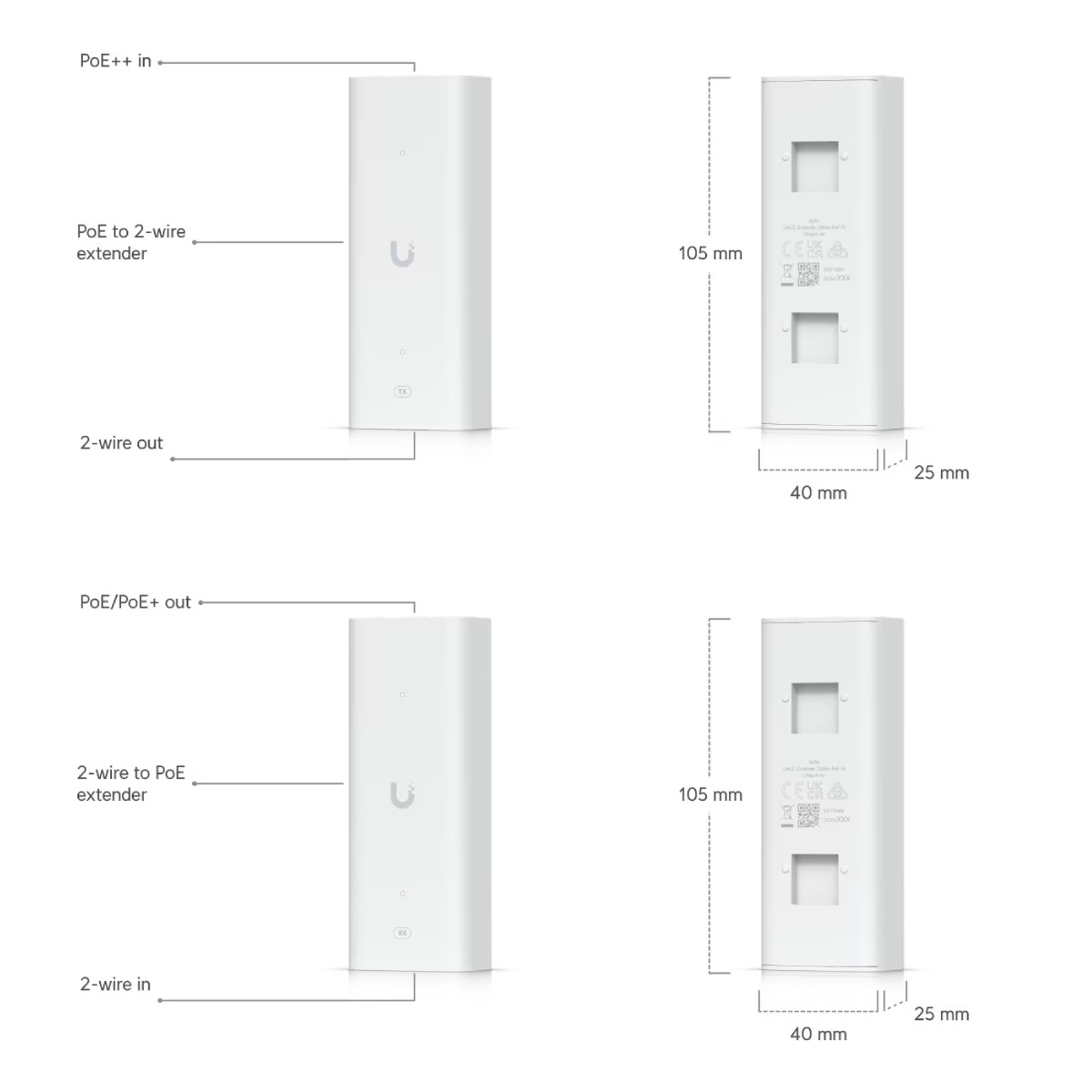 Diagramm weißer Netzwerk-Extender. Beschriftungen: PoE++ in, PoE zu 2-Draht-Extender, 2-Draht-Ausgang, Maße.