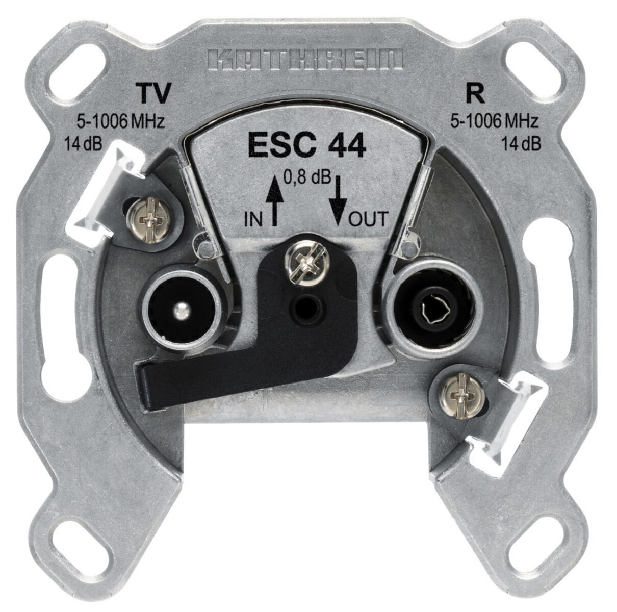 Un dispositivo in metallo con etichette 'TV' e 'R', anche 'IN' e 'OUT'. Ha diverse viti e punti di connessione circolari.