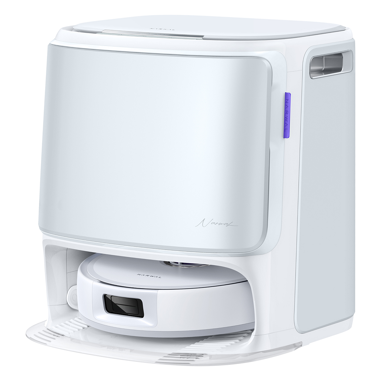 Biały odkurzacz robot Narwal znajduje się w stacji ładującej. Stacja jest biało-szara, z fioletowym logo Narwal.