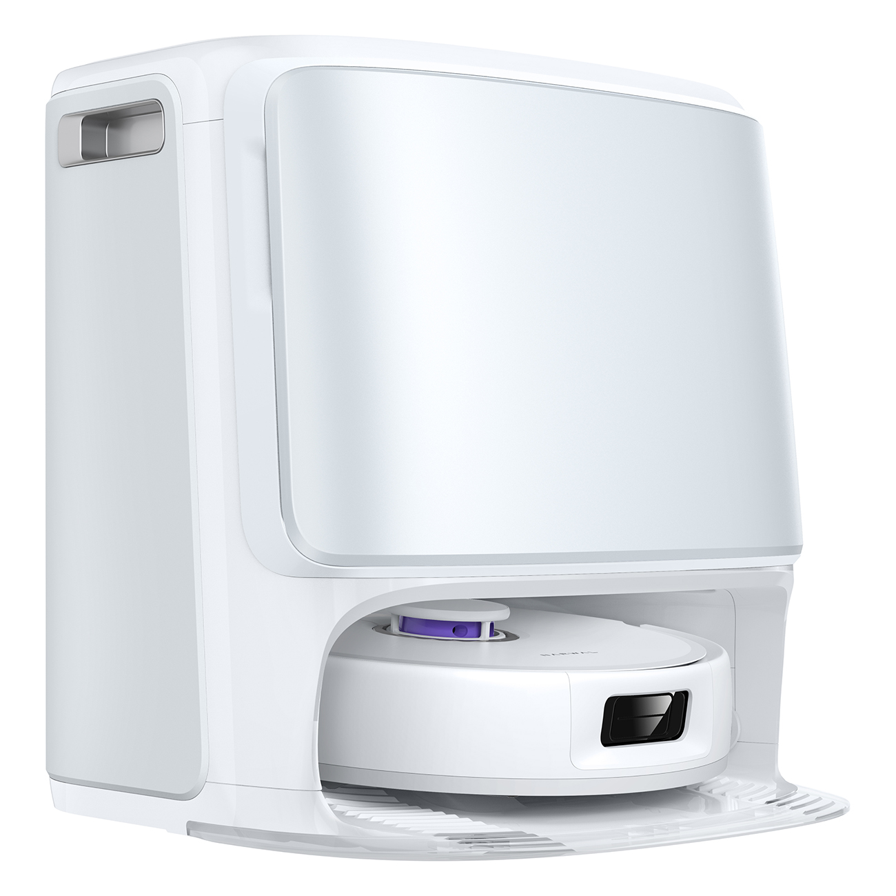 Biały robot odkurzający, zadokowany w stacji ładującej. Stacja jest biała z uchwytem. Robot ma fioletowy wierzch.