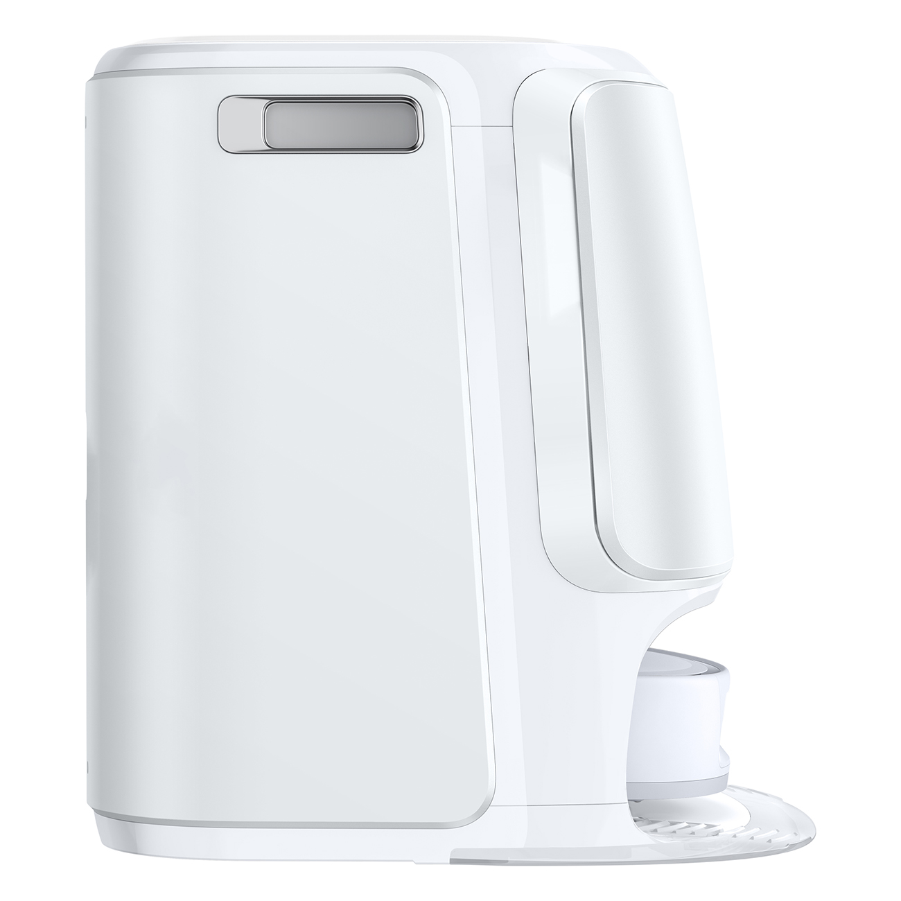 Białe, nowoczesne urządzenie z zaokrąglonymi krawędziami. Posiada mały, prostokątny metalowy element i okrągłą podstawę.