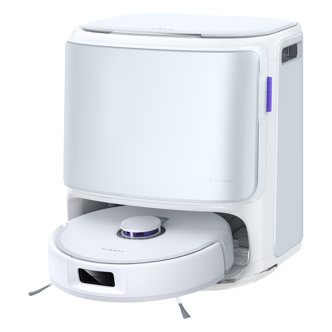 Biały odkurzacz robot Narwal z stacją dokującą. Robot jest okrągły, a stacja prostokątna. Widoczne są fioletowe akcenty.