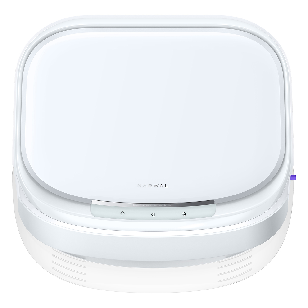 Biały, górny widok robota odkurzającego. Ma zaokrąglony wierzch i panel sterowania z ikonami. Marka to NARWAL.
