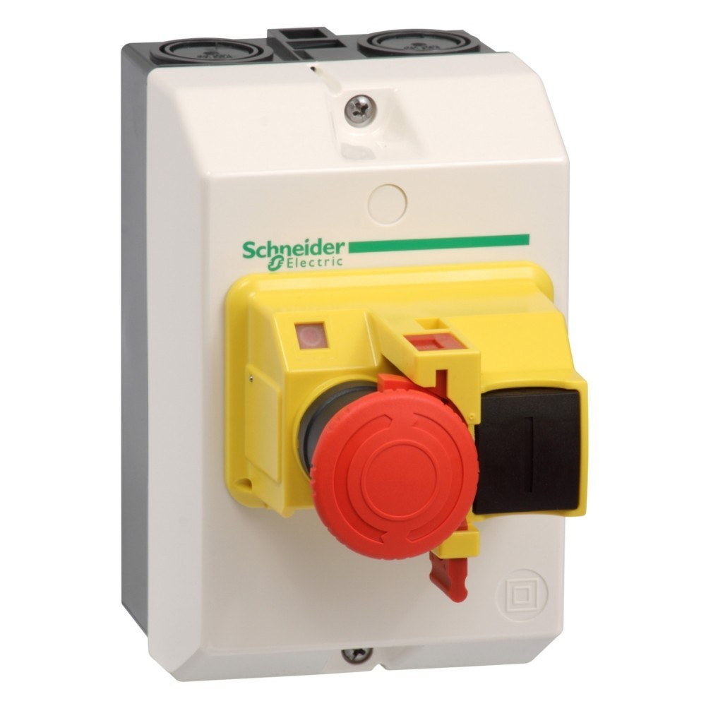 Un quadro elettrico bianco con un interruttore giallo e un pulsante di arresto di emergenza rosso. Il logo Schneider Electric è visibile.
