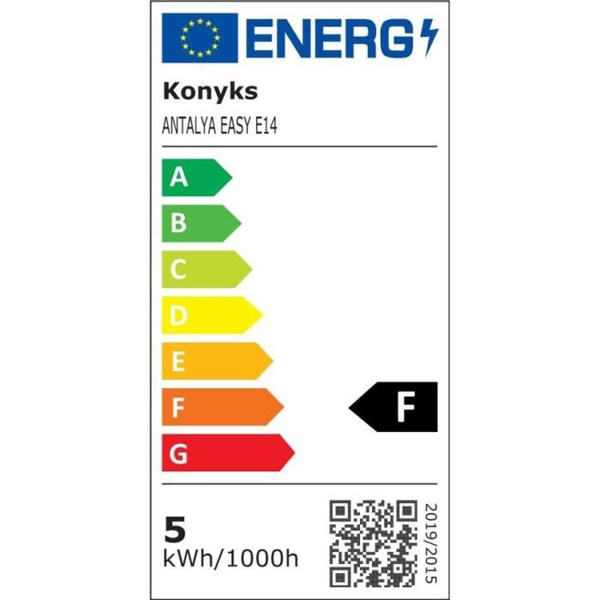 Energielabel für eine Glühbirne. Zeigt Bewertungen von A bis G, wobei die Bewertung 'F' hervorgehoben ist. Enthält Markendetails und Energieverbrauch.
