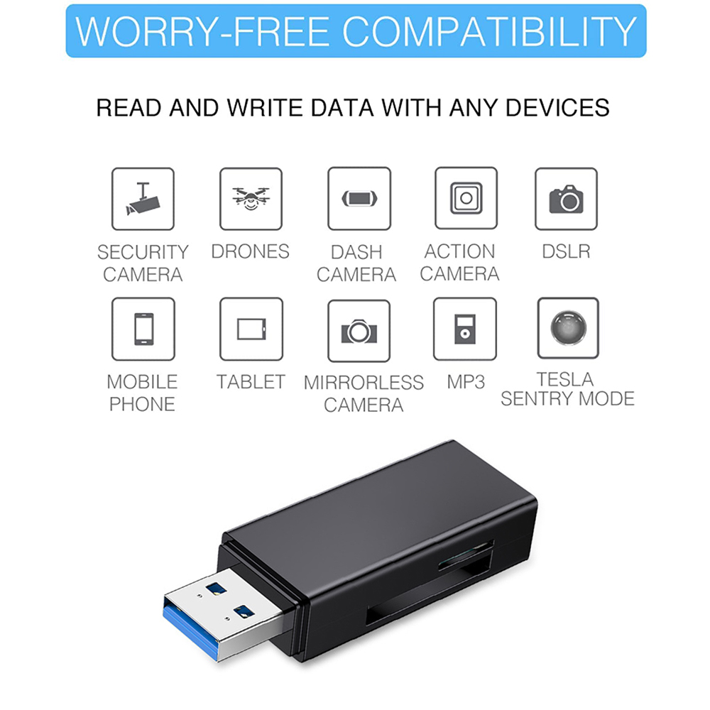 Ein schwarzer USB-Adapter mit blauem Anschluss. Symbole von Geräten wie Drohnen, Kameras und Telefonen zeigen Kompatibilität.