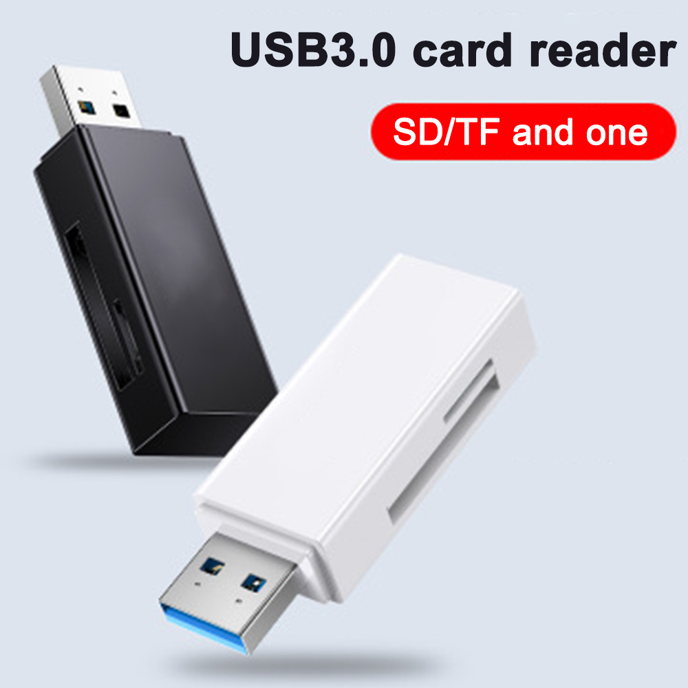 Zwei USB 3.0 Kartenleser, einer schwarz, einer weiß, auf hellblauem Hintergrund. Text: USB3.0 Kartenleser, SD/TF und eins.