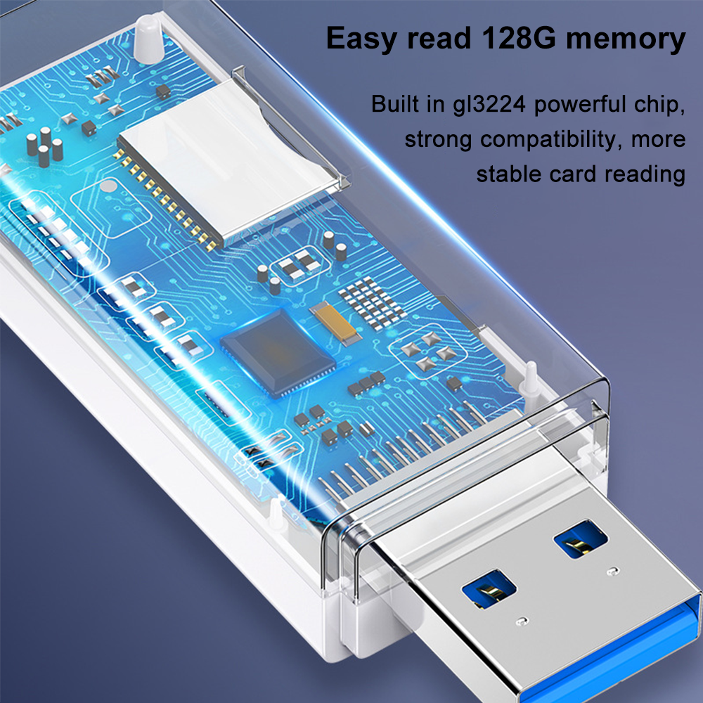 Ein USB-Laufwerk mit blauem Sockel und transparentem Kunststoffgehäuse. Die internen Komponenten sind sichtbar, einschließlich einer Platine und eines Chips.