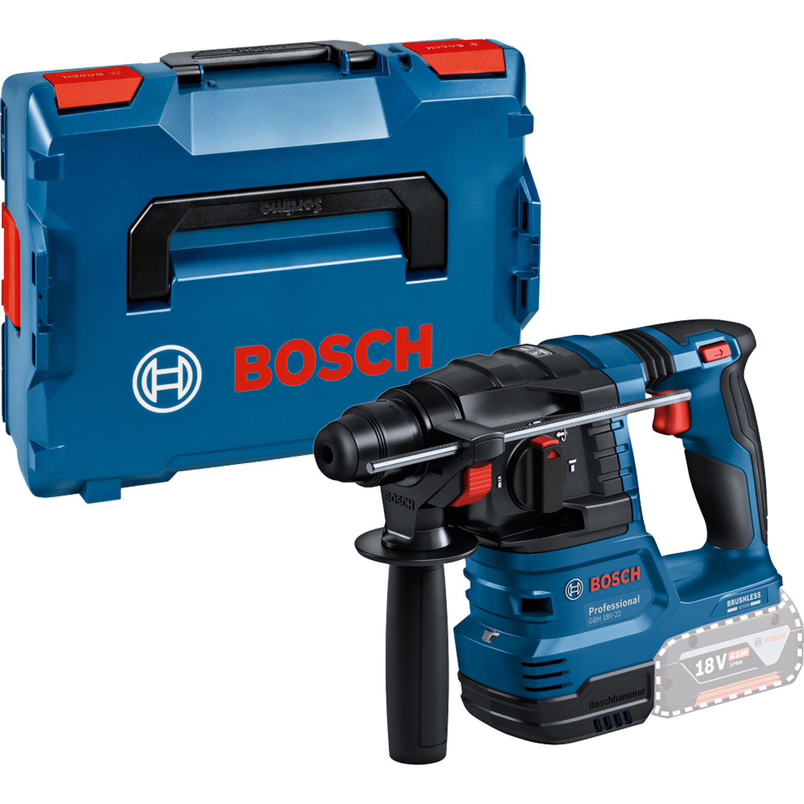 Blauer Bosch-Bohrhammer und -Koffer. Der Bohrer hat schwarze und rote Akzente, mit Akkupack und schwarzem Griff.