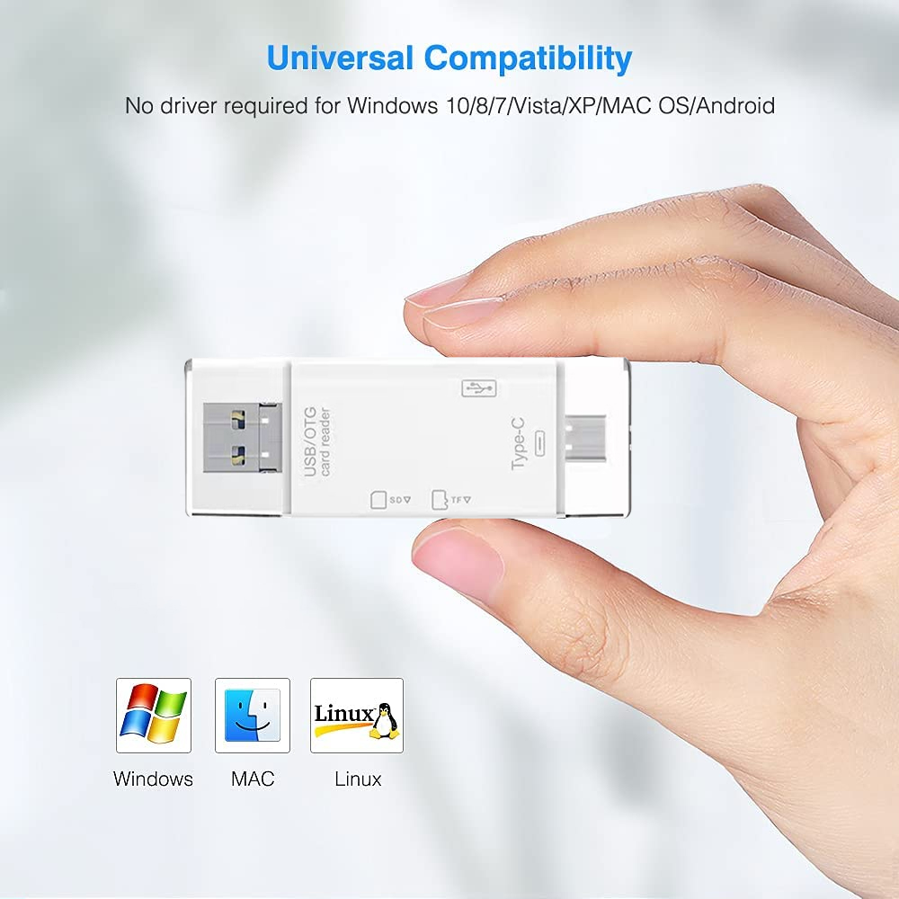 Eine Hand hält einen weißen USB/OTG-Kartenleser. Der Leser hat USB- und Typ-C-Anschlüsse. Symbole für Windows, MAC und Linux darunter.