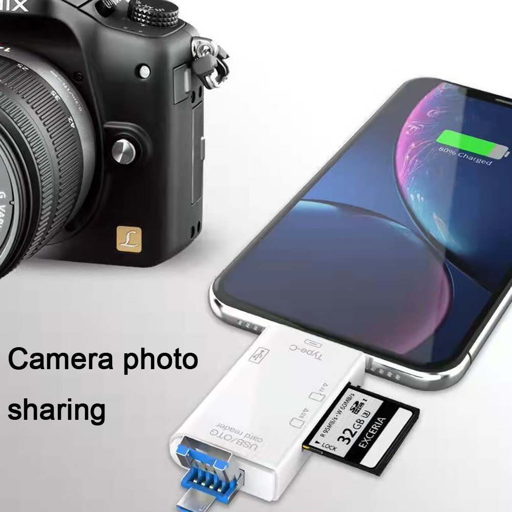 Kamera neben Telefon. Kartenleser verbindet sie. Telefon lädt, zeigt 80% geladen. Text sagt 'Camera photo sharing'.