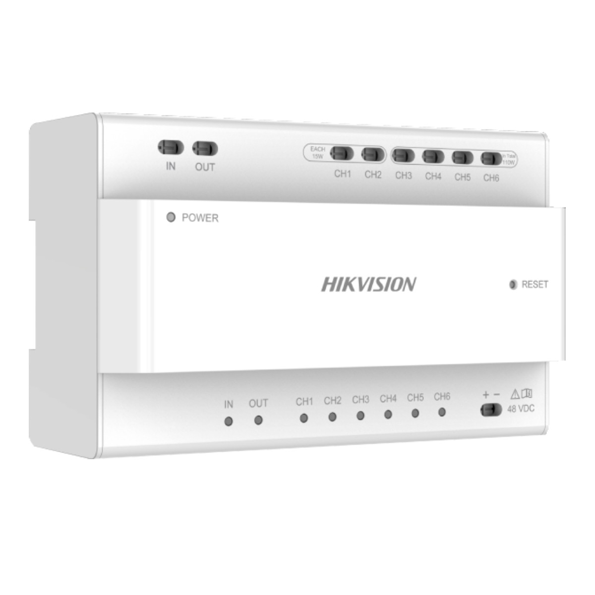 Dispositivo Hikvision blanco con etiquetas: ENTRADA, SALIDA, CH1-CH6, Encendido, Restablecer y 48 VCC. Botones e indicadores visibles.