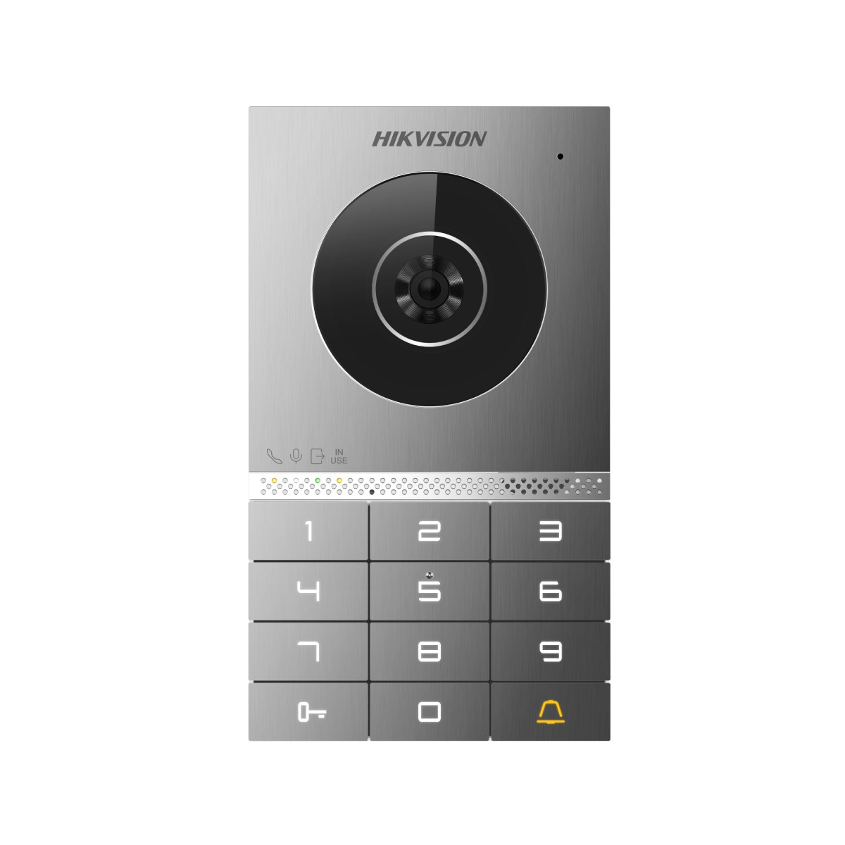 Un videoportero Hikvision plateado con cámara, teclado numérico y botón de timbre. Tiene altavoz y micrófono.