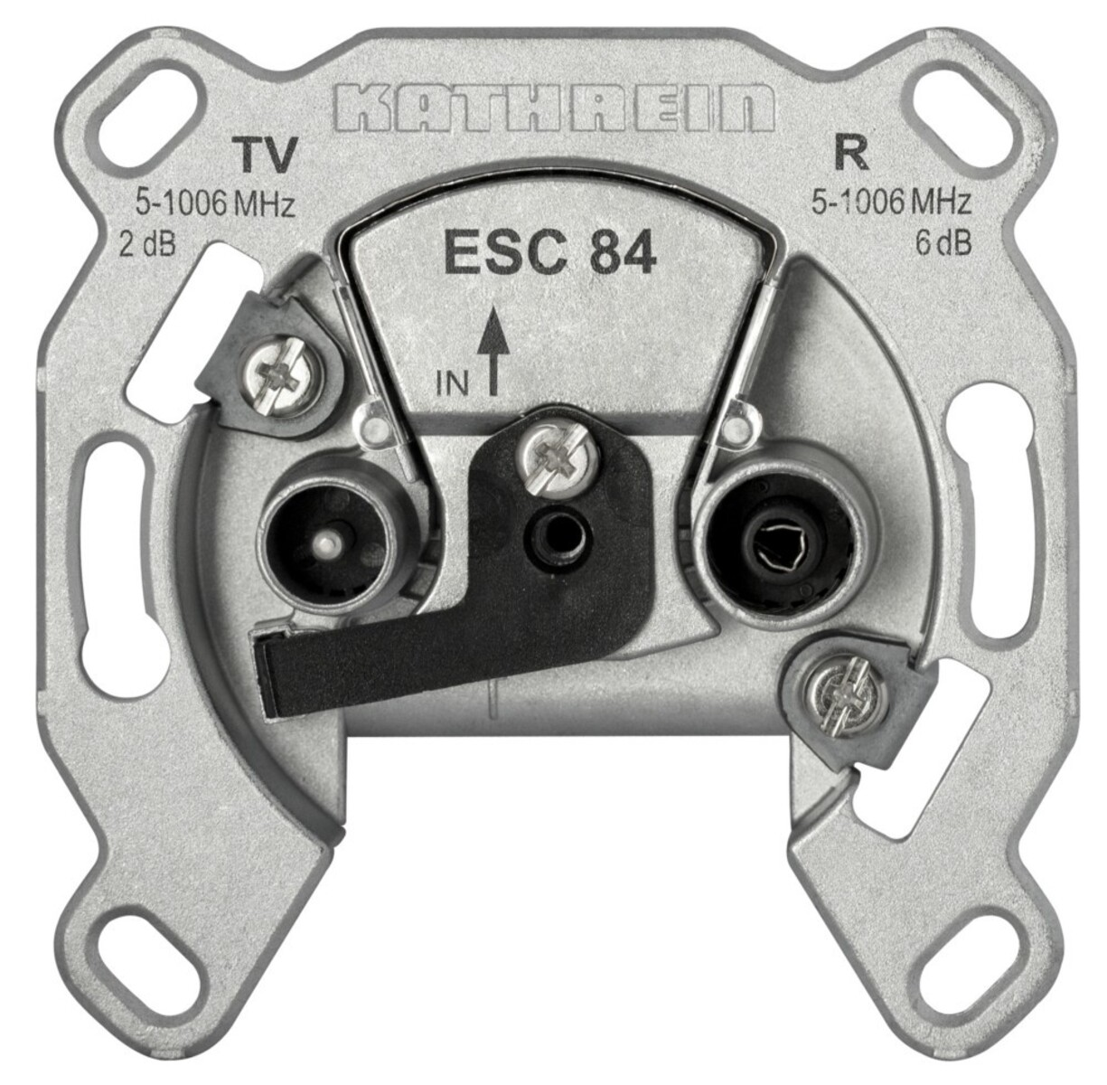 Un dispositivo Kathrein ESC 84 argentato con porte TV e R. Ha una freccia che punta a 'IN' e morsetti a vite.