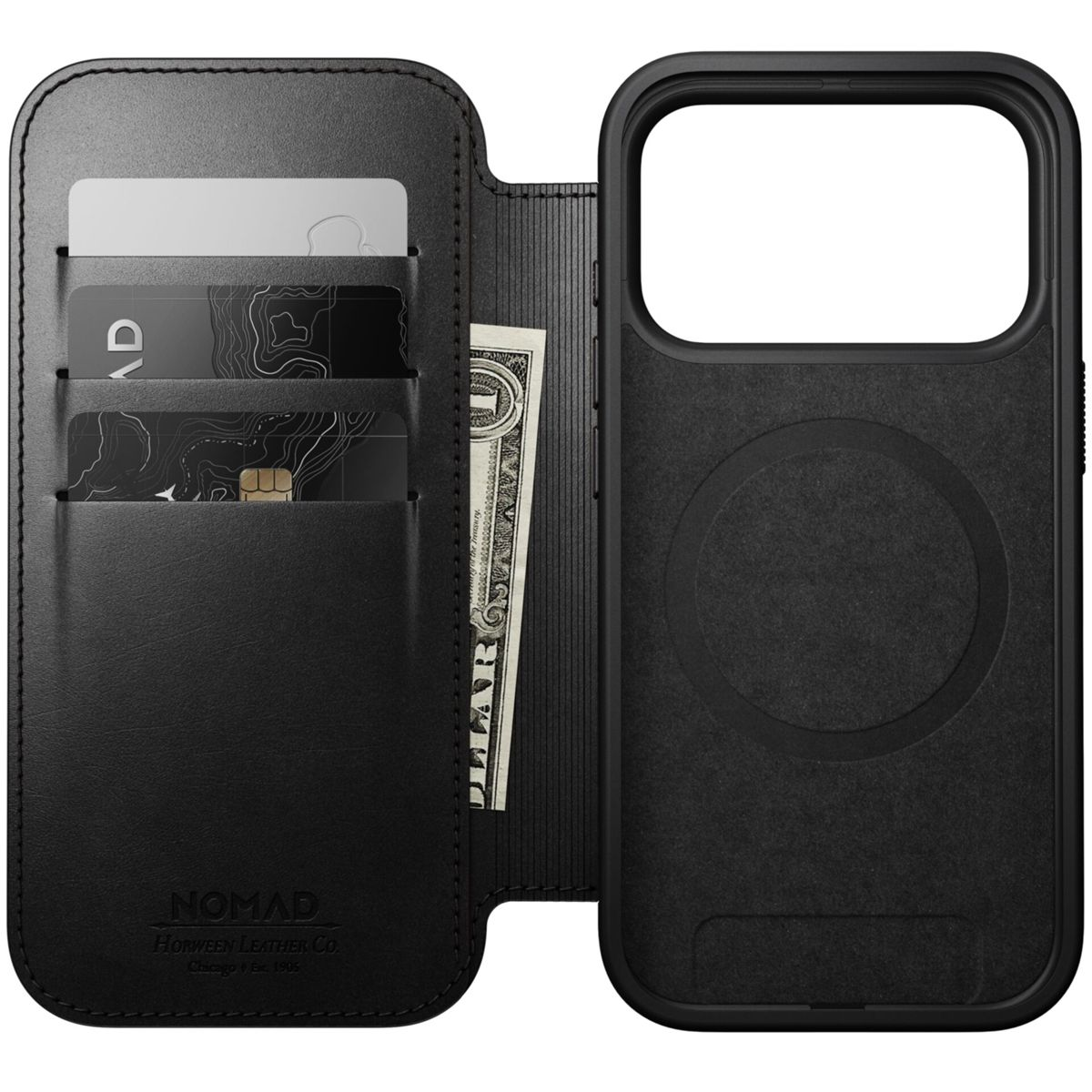Schwarze Leder-Handyhülle mit Kartenfächern und einem Dollar. Die Handyhülle ist geöffnet und zeigt das Innere und den Telefonhalter.