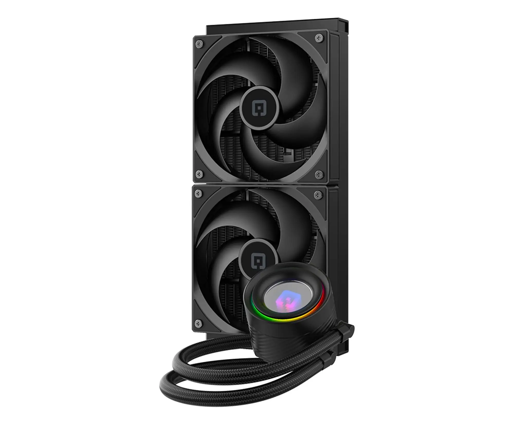 Schwarzer Computer-Flüssigkeitskühler mit zwei Lüftern, einer runden Pumpe mit RGB-Beleuchtung und Verbindungsschläuchen.