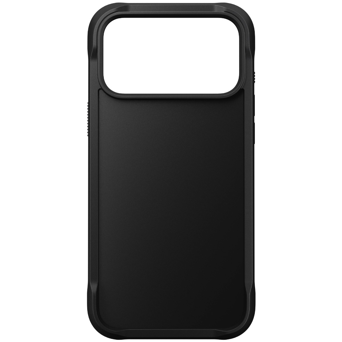 Primo piano di una custodia nera per telefono. La custodia ha una forma rettangolare con un ritaglio per la fotocamera e un retro strutturato.