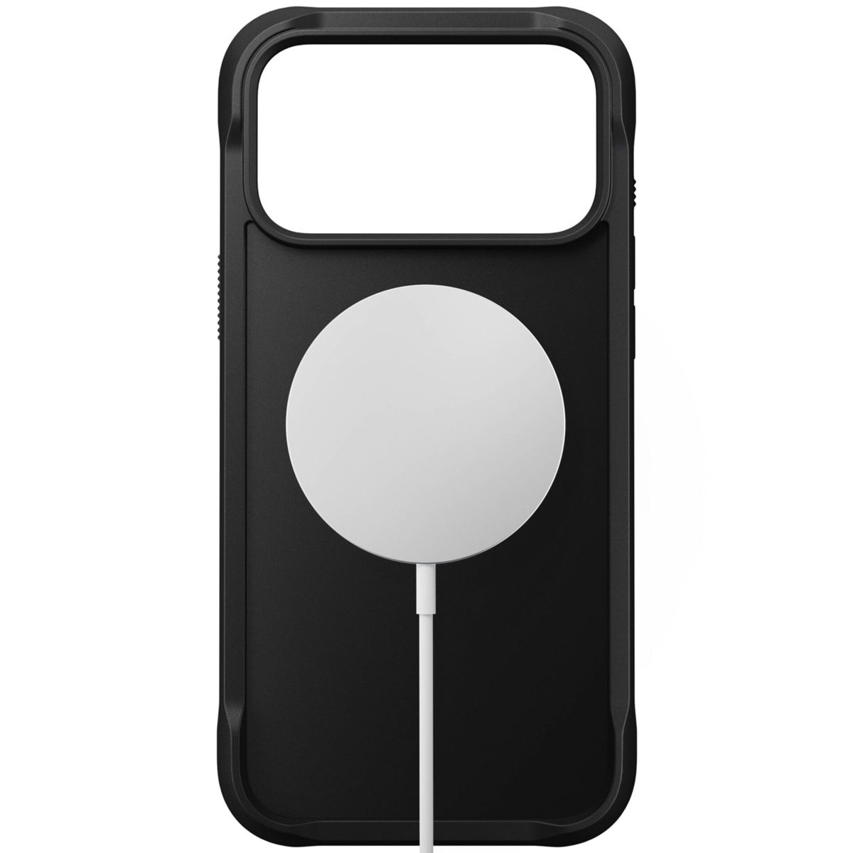 Custodia nera per telefono con caricatore circolare bianco al centro e cavo bianco che si estende verso il basso.