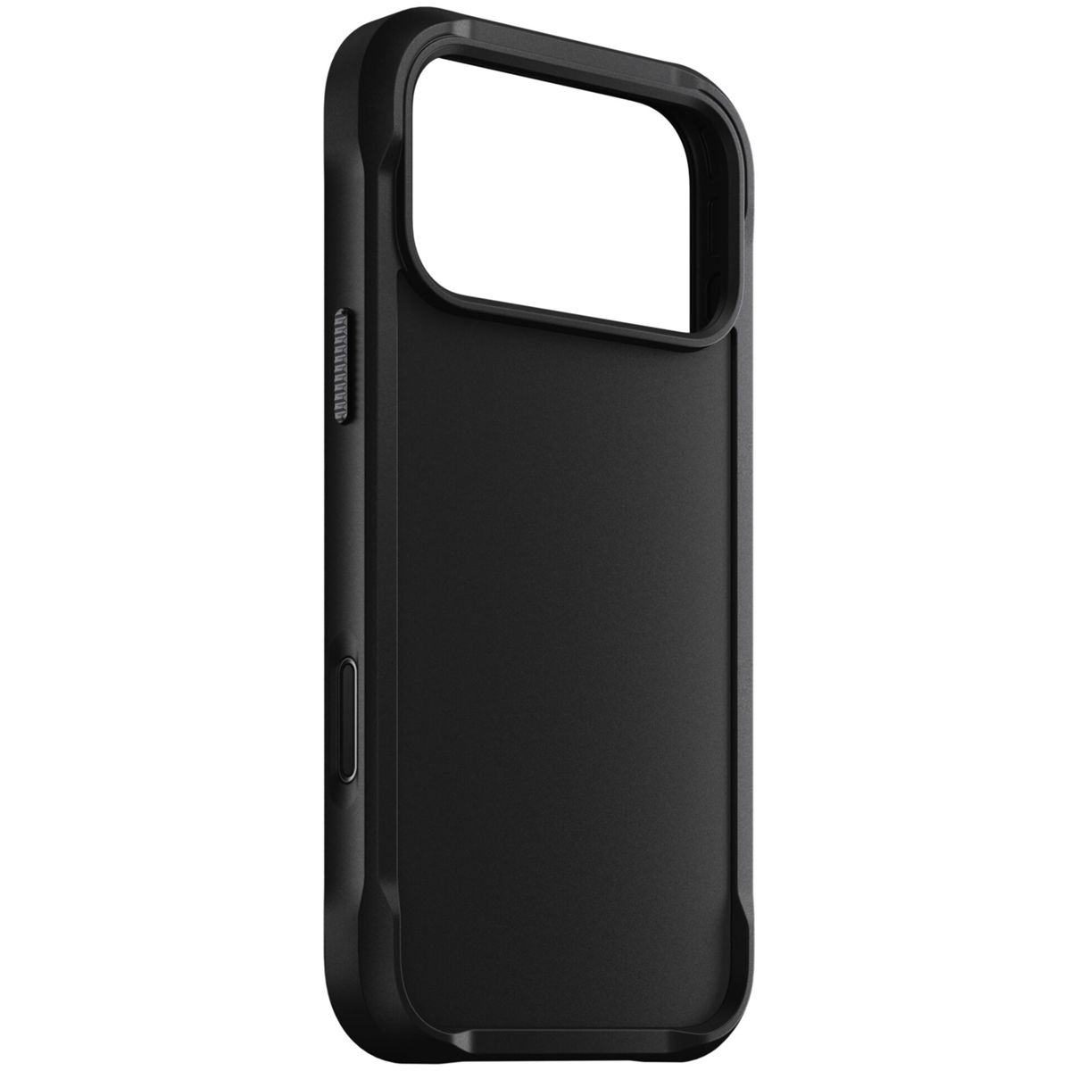 Primo piano di una custodia per telefono nera, con un ritaglio per la fotocamera e pulsanti laterali. La custodia ha una superficie strutturata.